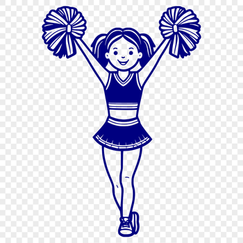 A young girl in a cheerleading uniform poses with pom-poms.