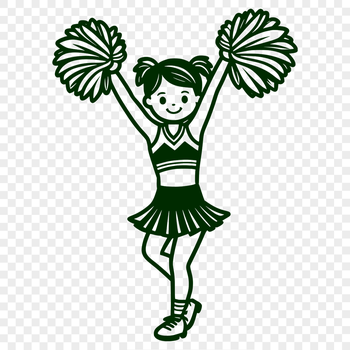 A young girl dressed in a cheerleading uniform with pom-poms, posing in a lively stance.