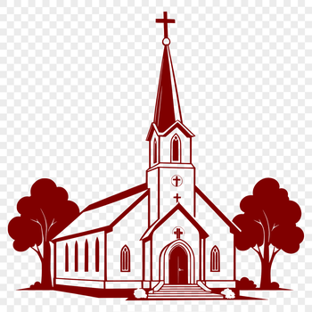 A stylized illustration of a traditional church building with a prominent steeple.