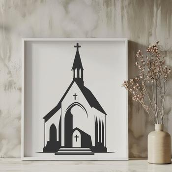 A detailed illustration of a traditional church building with Gothic architecture.
