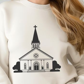 A stylized diagram of a Baptist church building with simple lines and shapes, suitable for vector design.
