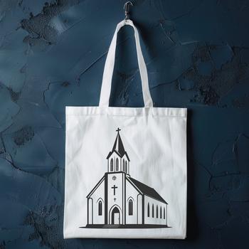 A detailed illustration of a traditional Christian church with a prominent steeple and ornate architecture.