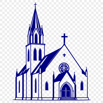 A stylized illustration of a church building with detailed architecture and design elements.