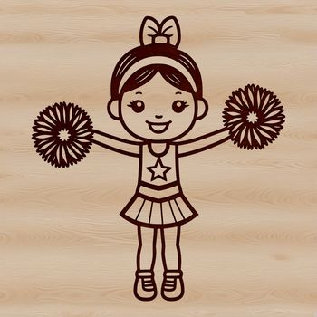 Female sportswear illustration with athletic pose and pom-poms.