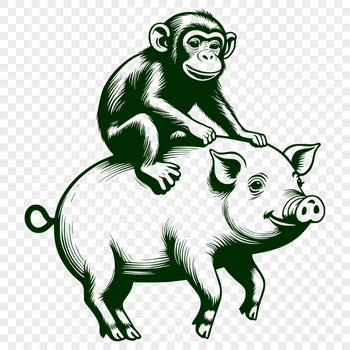A cartoon monkey-pig hybrid in a playful pose.