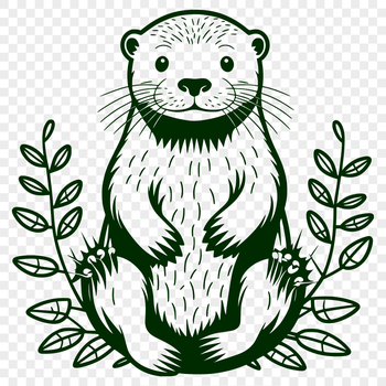 A simple line illustration of a river otter swimming in the water, surrounded by lush aquatic plants.