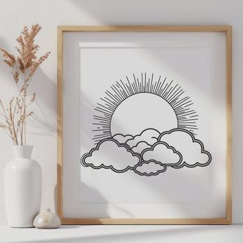 A stylized illustration of the sun with rays and clouds in a vector design format.