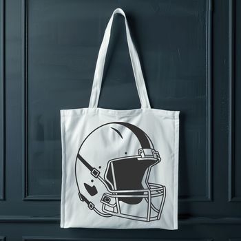 An illustration of a football helmet with an American football held in place.
