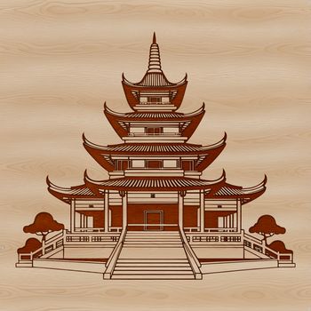 A detailed illustration of a traditional Buddhist temple architecture.
