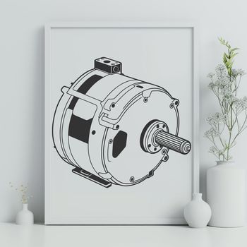 SVG design of a motor featuring precise mechanical parts and industrial elements.