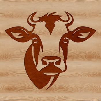 A stylized illustration of a cow's head with bold lines and simple design.