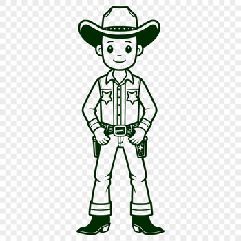 A digital representation of a cowboy character in an open plains landscape.
