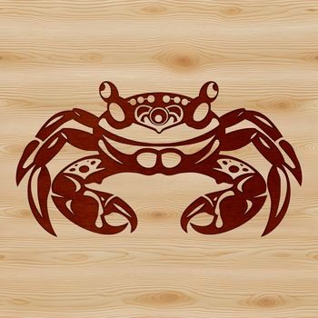 A detailed illustration of a crab with a brown shell and claws.