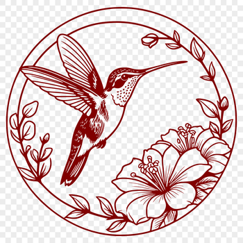 An ornamental design featuring a hummingbird perched on a blooming flower branch.