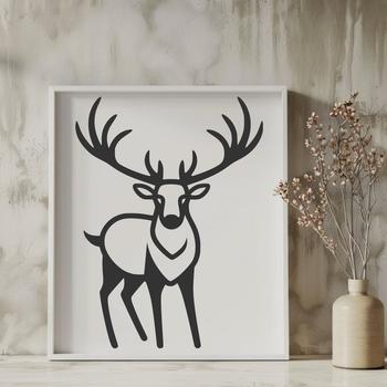 Simple line drawing of a deer in a wild animal setting.