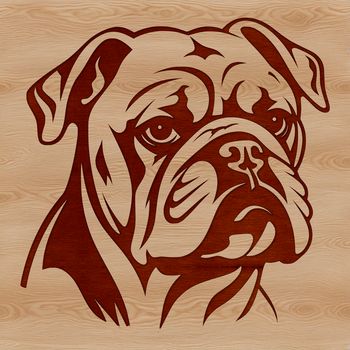 A stylized illustration of a bulldog's head, featuring a distinctive wrinkled face and floppy ears.