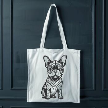 A sitting Boston Terrier with a subtle ornate pattern background, suitable as a vector design or clip art.