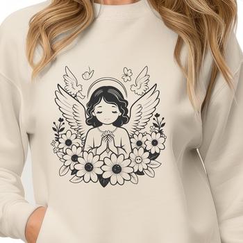 Illustration of a winged angel surrounded by floral elements, created as a vector graphic.