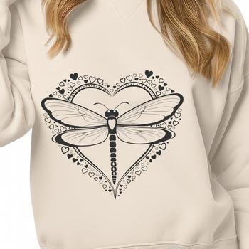 A colorful dragonfly illustration with love hearts surrounding its body, designed as a vector graphic.