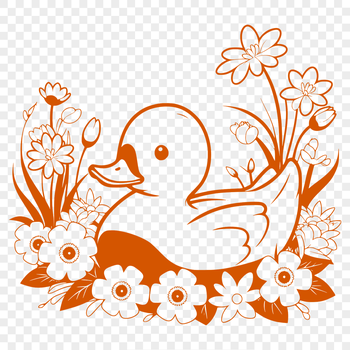 A stylized illustration of a white duck with feathers in the background resembling a floral pattern.
