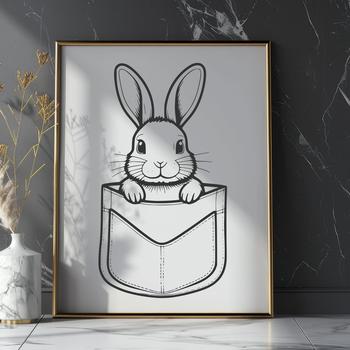 A cute rabbit peeking out from behind a colorful Easter decoration.