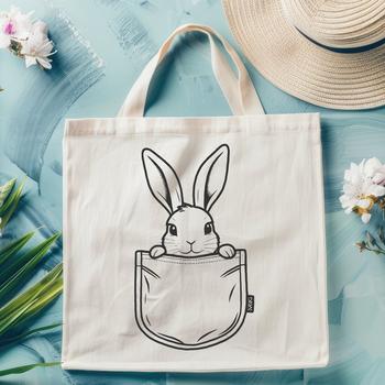 A small rabbit character peeking out from behind a pocket.