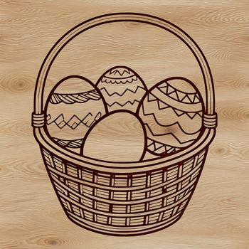 A stylized 3D Easter egg in a traditional basket setting.