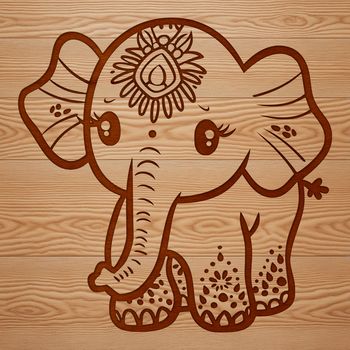 A standing elephant in a decorative, ornate design.