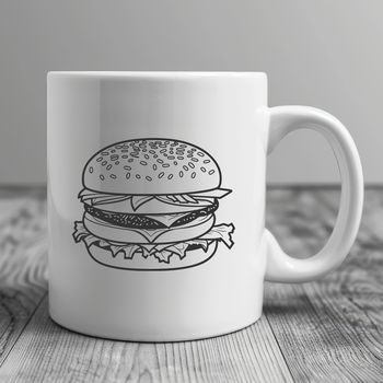 A detailed illustration of a classic cheeseburger with a beef patty, lettuce, tomato, and melted cheese on a toasted bun.