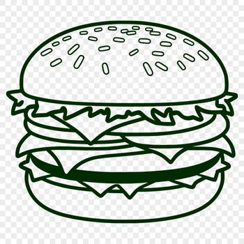 Illustrated vector design of a classic cheeseburger with toppings on a plate.
