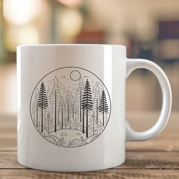 A detailed illustration of a forest landscape featuring multiple trees and foliage in various shades of green.