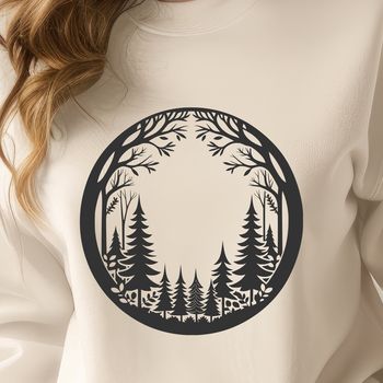 A detailed illustration of trees in various stages of growth set amidst a lush forest landscape.