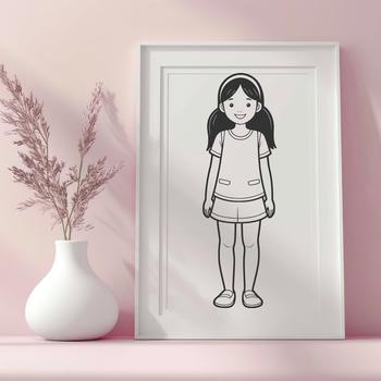 A young female character designed as a vector graphic with clean lines and simple features.