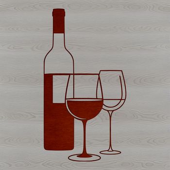 A detailed illustration of a glass filled with red wine next to an open bottle.