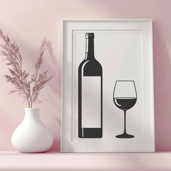 Illustrative wine bottle on a table with a glass next to it.