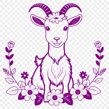 A stylized illustration of a goat amidst a floral background.