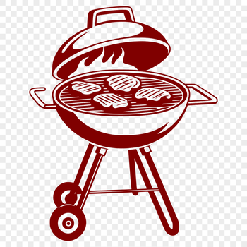 Illustrated BBQ grill with food preparation elements on a white background.