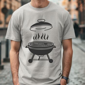 A stylized illustration of a BBQ grill with food being cooked on top.