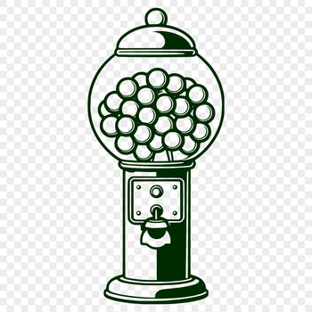 A digital illustration of a classic gumball machine with colorful graphics and iconic design elements.