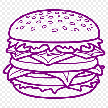 A simple illustration of a hamburger with cheese and toppings on a bun.