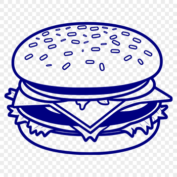 A stylized illustration of a classic cheeseburger with bun and toppings.