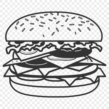 A digital illustration of a classic cheeseburger on a toasted bun with lettuce and tomato.