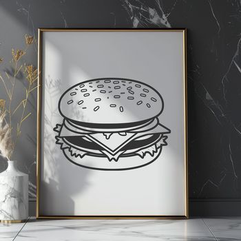 A simple illustration of a classic cheeseburger with a beef patty, lettuce, tomato, cheese, and condiments on a bun.
