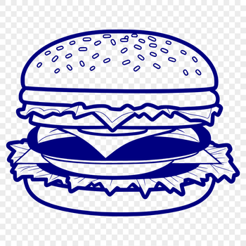 A graphic representation of a classic cheeseburger featuring a beef patty, melted cheese, lettuce, tomato, and condiments.