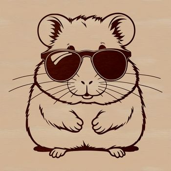 A cute, furry hamster wearing sunglasses and sitting on its hind legs.