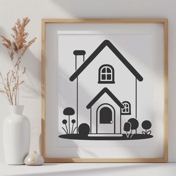 A simple illustration of a residential house with a roof and walls.