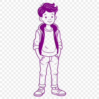 A young boy in a casual outfit standing against a white background.