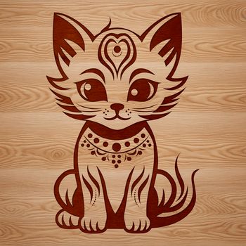 A small, adorable cartoon cat sits on its haunches, with ornate details in its fur and face.