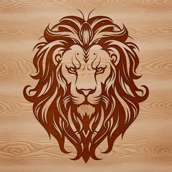 A detailed illustration of a lion's head, showcasing its majestic features and ornate texture.