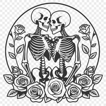 A skeleton couple holding hands amidst a floral arrangement, complete with a rose in the center.